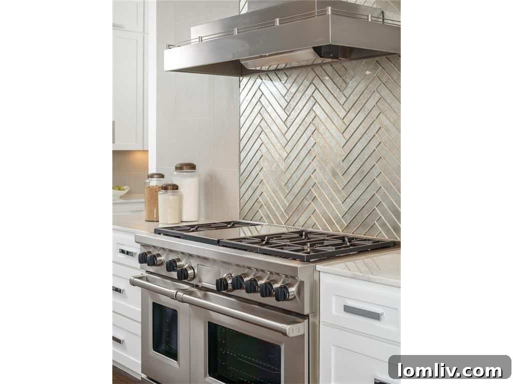 Close-up of the Wolf dual-fuel range and elegant kitchen backsplash