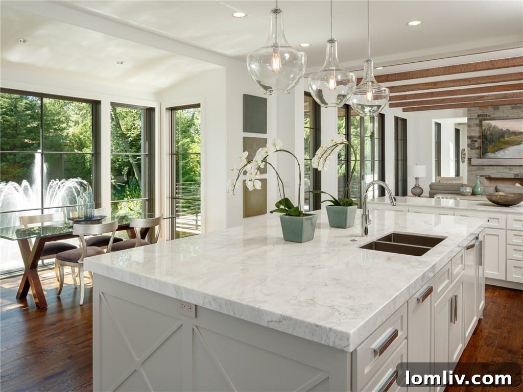 Spacious kitchen island with ample seating and prep area