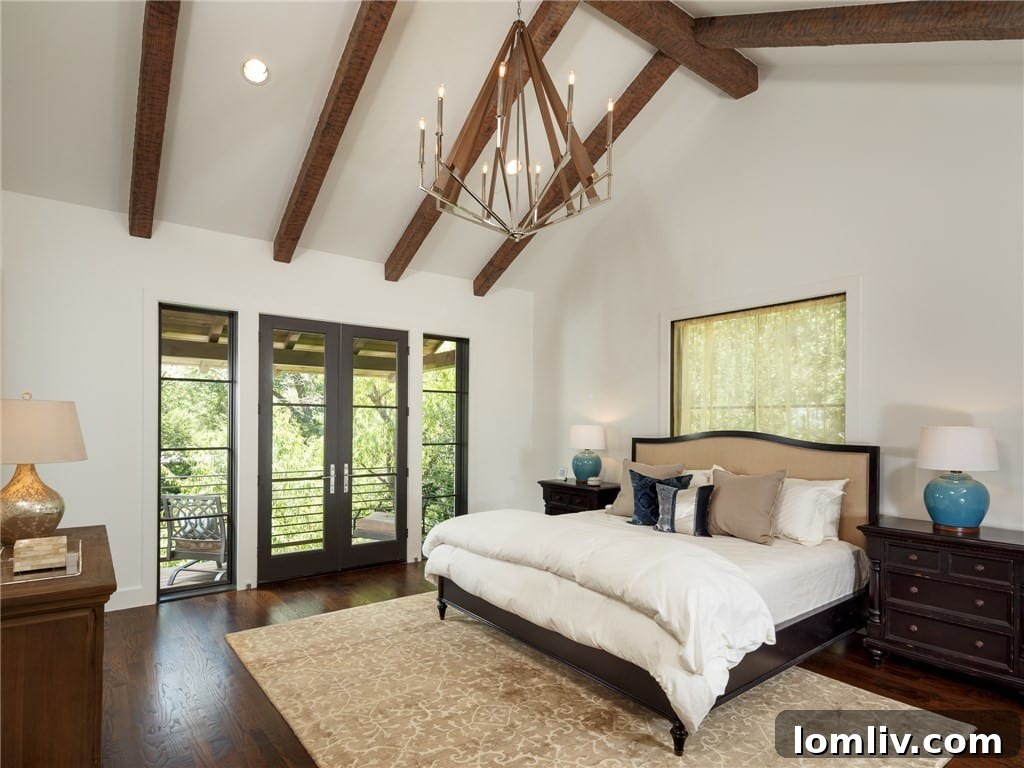 Master bedroom with reclaimed wood ceiling beams