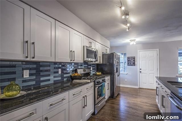 Modern kitchen with eye-catching blue backsplash and white cabinets