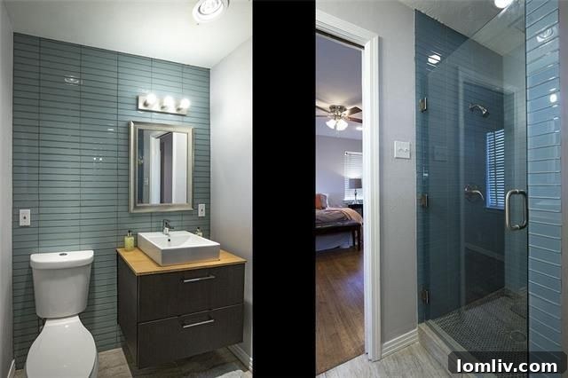 Fully updated master bathroom with contemporary blue tile and new fixtures