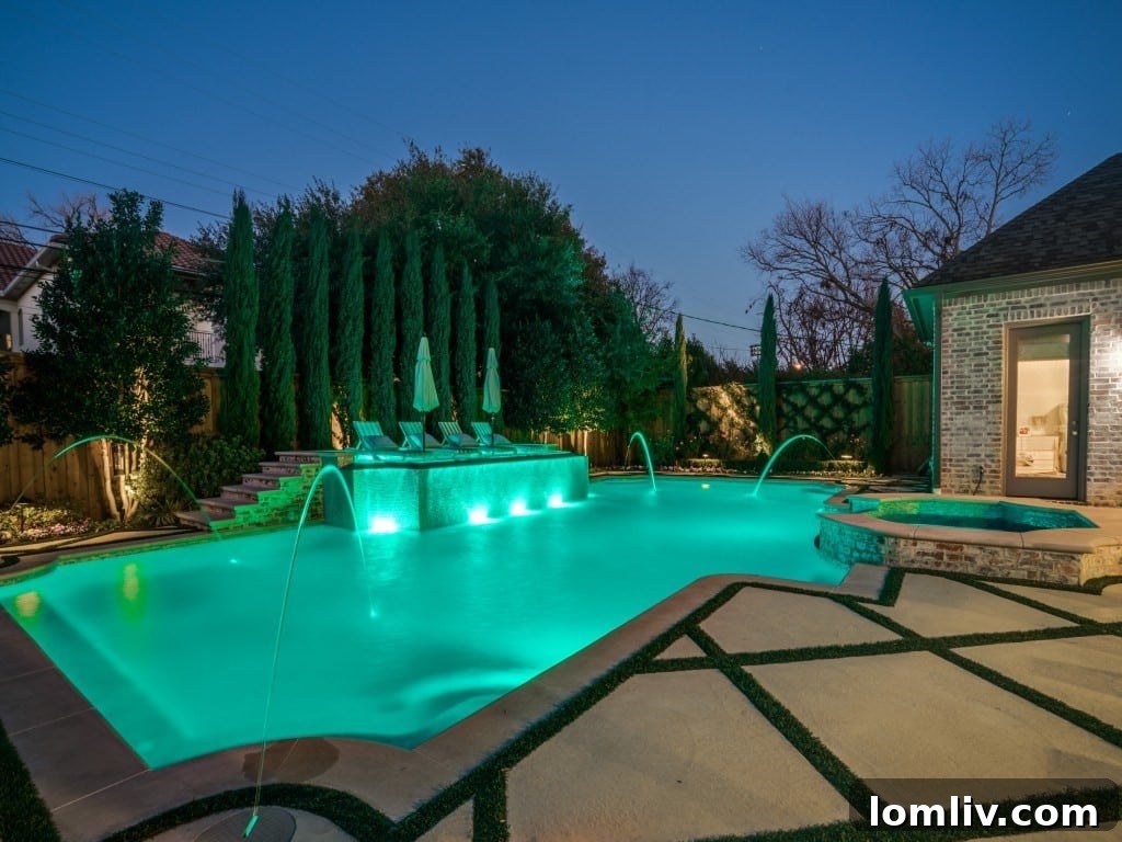 Luxurious swimming pool at dusk in a Preston Hollow French-style residence