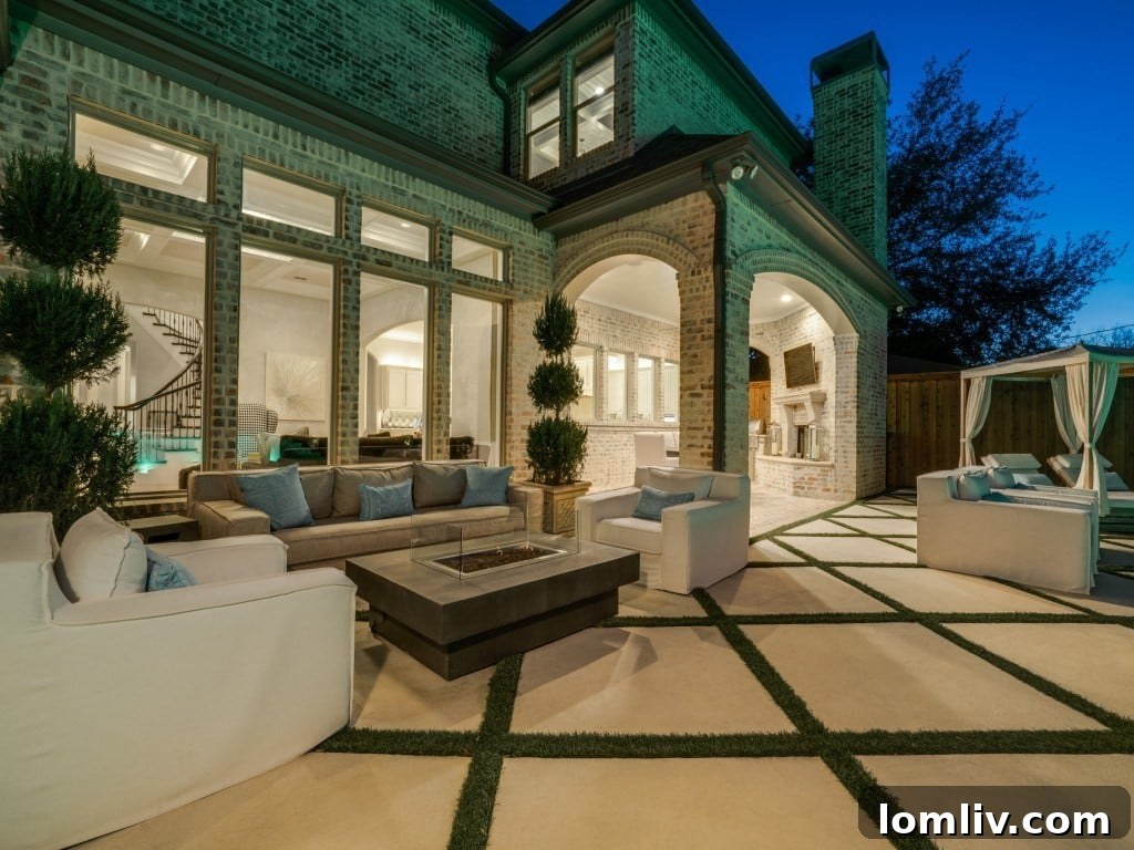 Stunning twilight view of the backyard and pool area of a Dallas luxury home