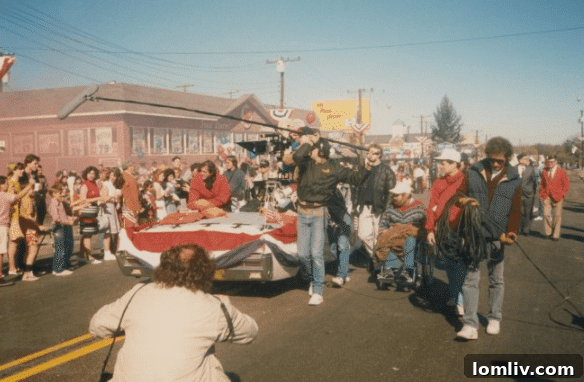 Tom Cruise on the set of Born on the Fourth of July in Elmwood, Dallas, capturing the neighborhood's idyllic charm.