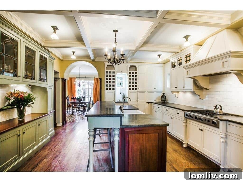 Updated Kitchen with Stained Glass Cabinetry and Coffered Ceiling