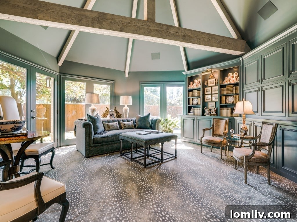 Teal Family Room with Stark Antelope Carpet and Electric Blinds
