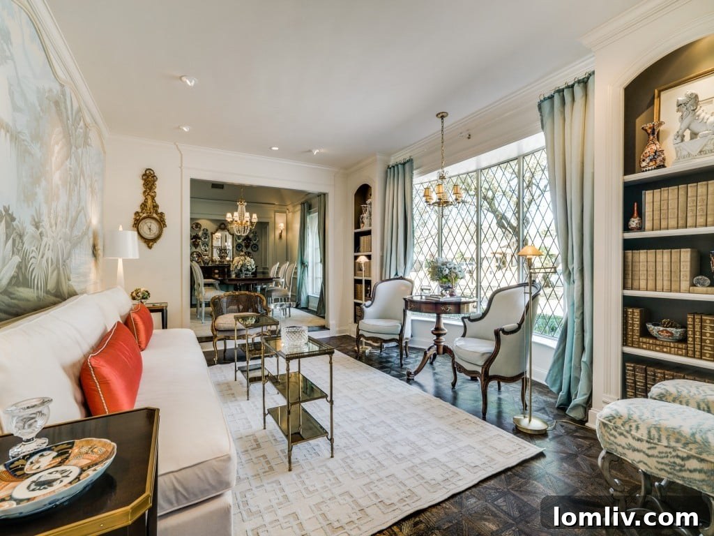 Formal Living Room with Leaded Glass Bay Windows and Built-in Bookcases