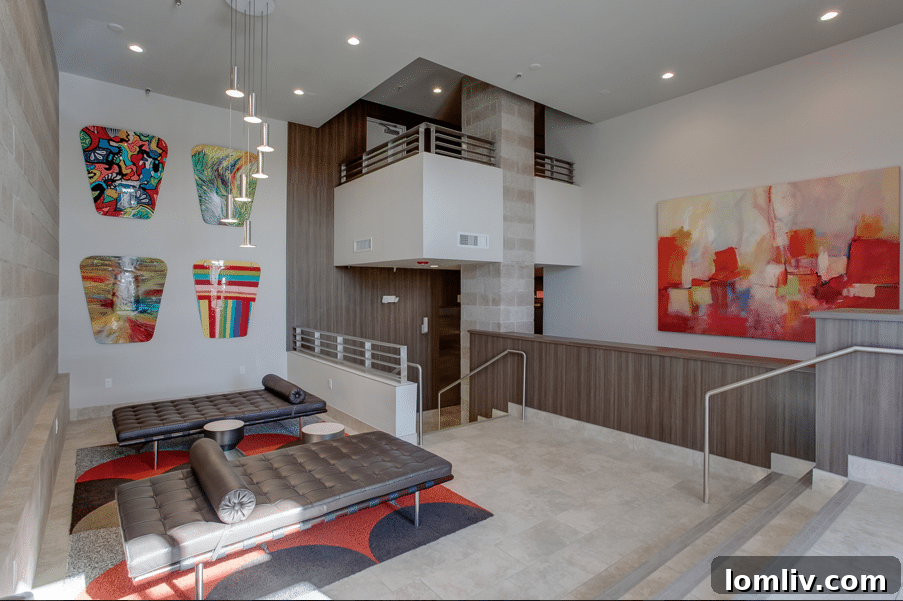 The sophisticated and welcoming lobby of The Shelby Residences in Dallas, featuring contemporary design