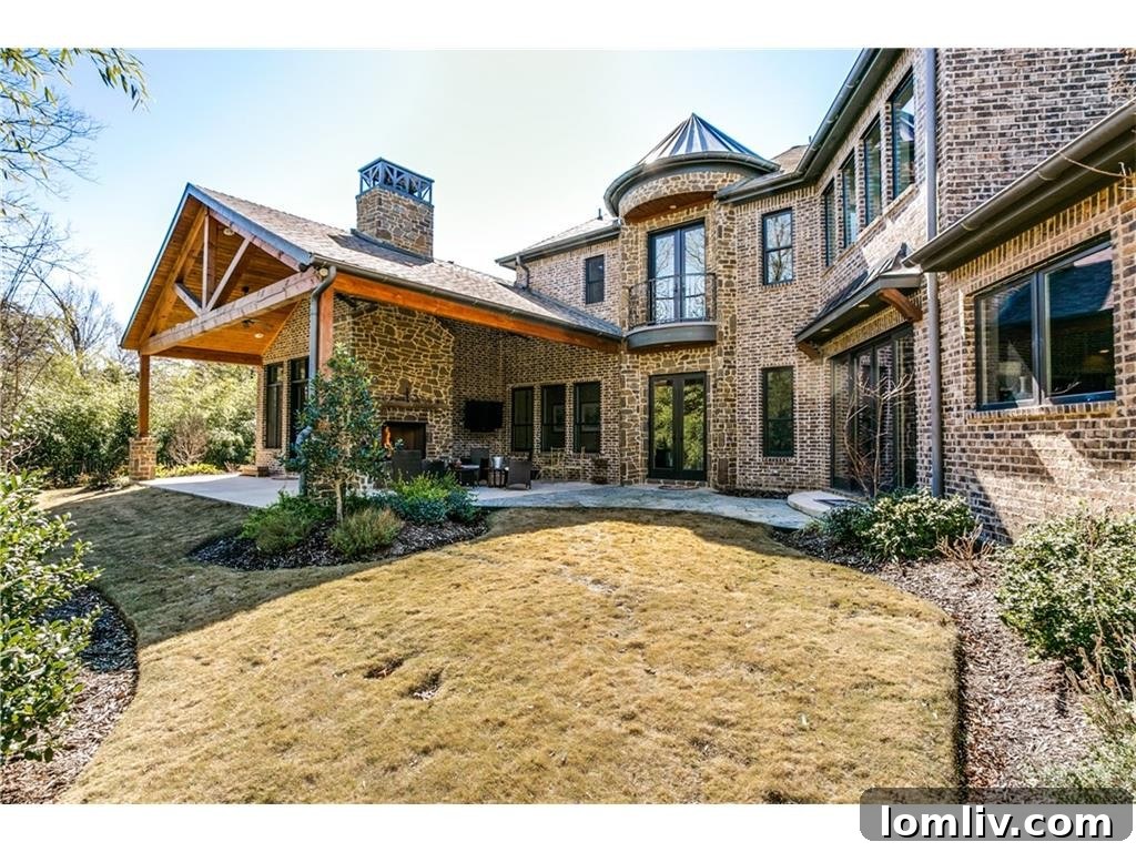 Long shot of the elegant exterior and lush landscaping