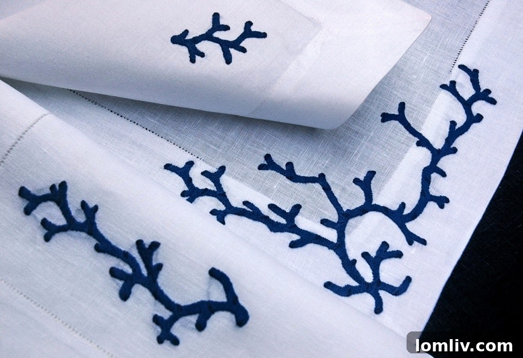Coral and Navy Embroidered Table Linens