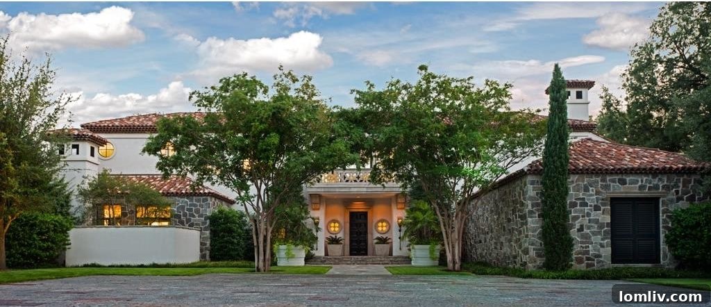 Grand entrance to a luxury hacienda-style estate in Preston Hollow, Dallas