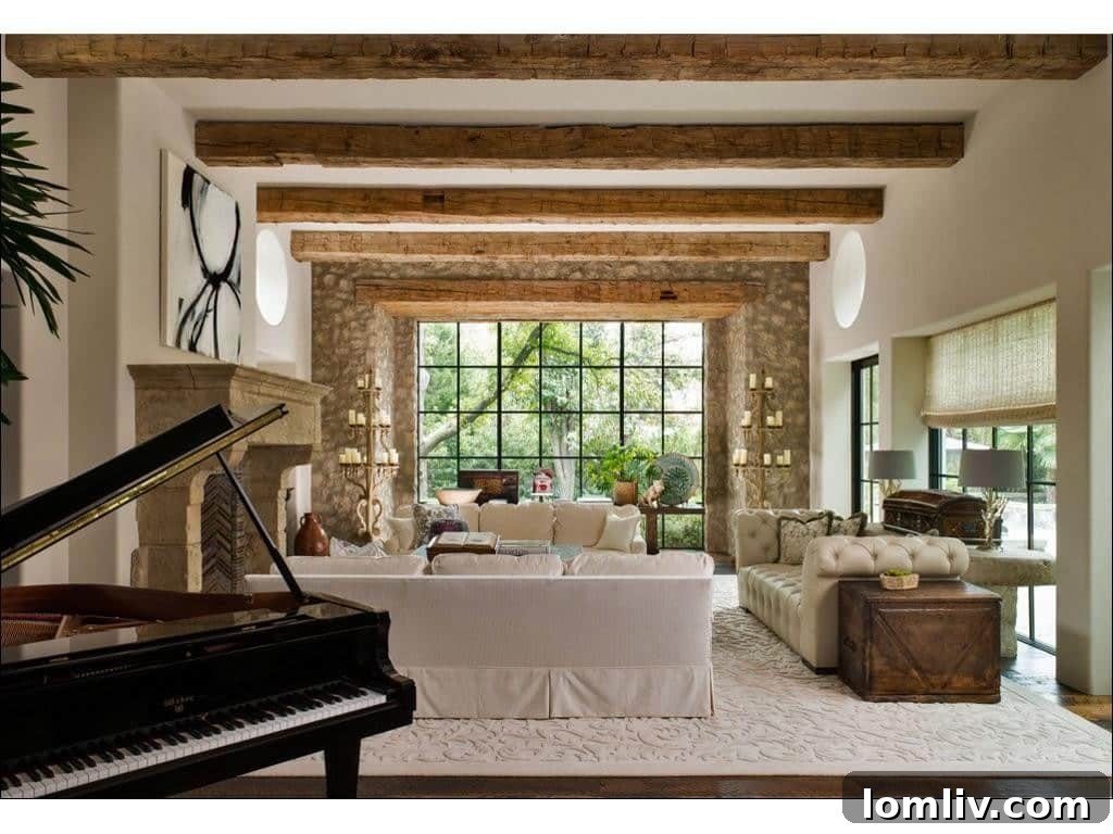 Luxurious living room with stone walls and beamed ceilings, overlooking lush gardens