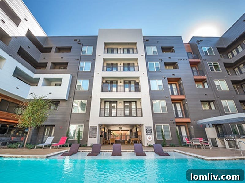 Exterior view of Elan City Lights apartments, a large modern building in Dallas