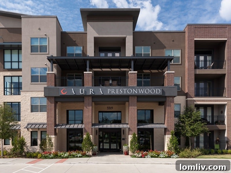 Aura Prestonwood apartment complex exterior with modern design