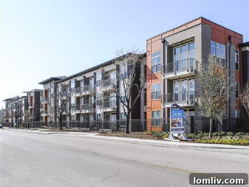 Locale apartment complex exterior with multiple buildings and modern design
