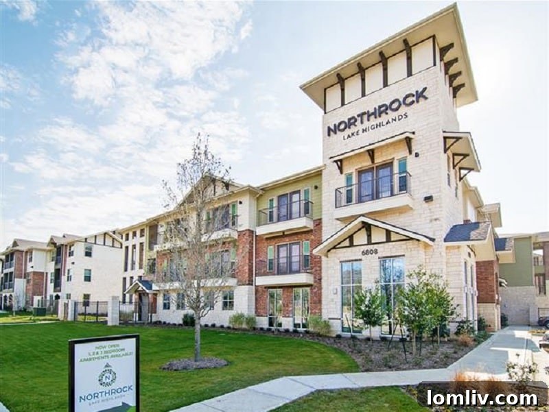 Northrock Lake Highlands apartment complex exterior with modern design and green spaces