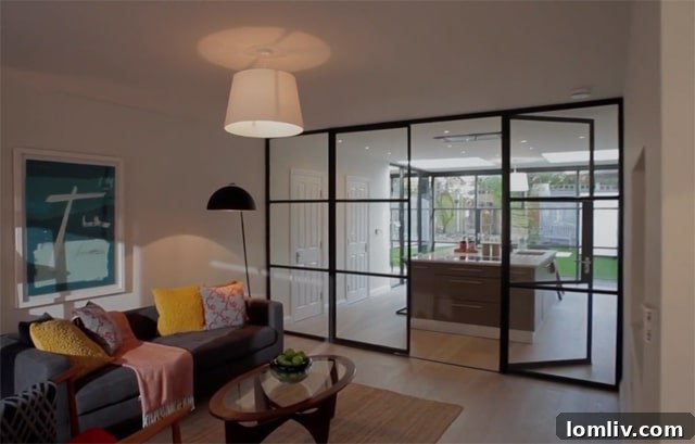 Modern home interior featuring glass partitions for a broken concept design.