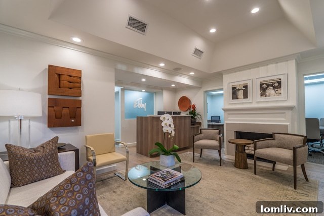 Interior view of a modern and inviting Ebby Halliday office space with comfortable seating and artwork
