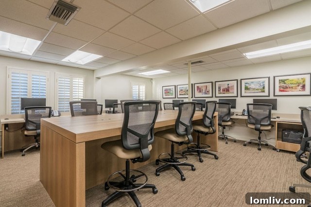 Modern kitchen and break area in the Ebby Halliday Little White House, designed for staff comfort and collaboration
