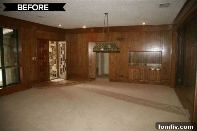 Kevin Twitty's Dream Reno Hits Market Wednesday 3 Before image of the living room in Kevin and Brad Twitty's 1970s ranch, showing its dated appearance.