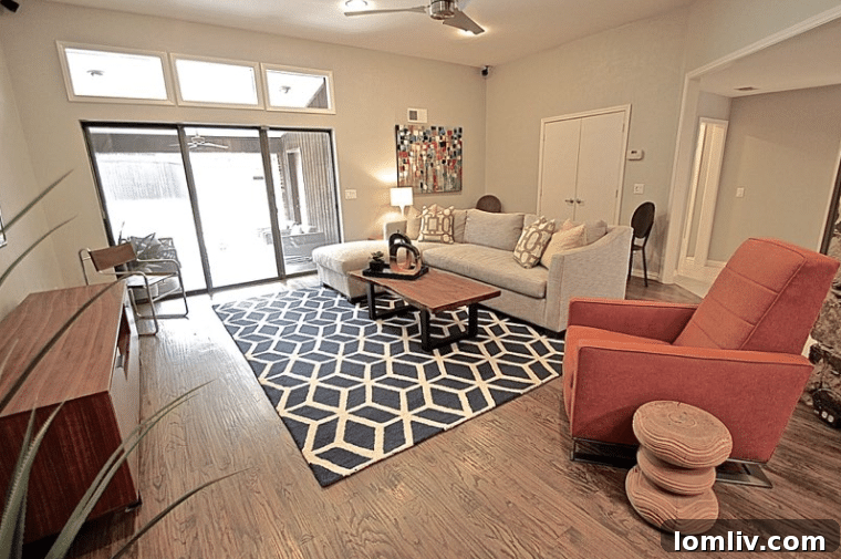 A wide shot of the family room, showing the harmonious blend of modern and vintage elements.
