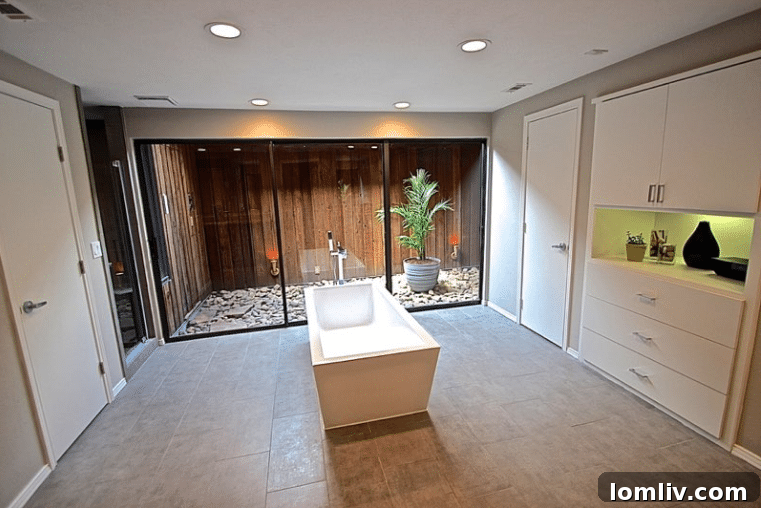 Kevin Twitty's Dream Reno Hits Market Wednesday 37 Shower with concrete-toned tiles and a flat pebble floor, connecting to the atrium.