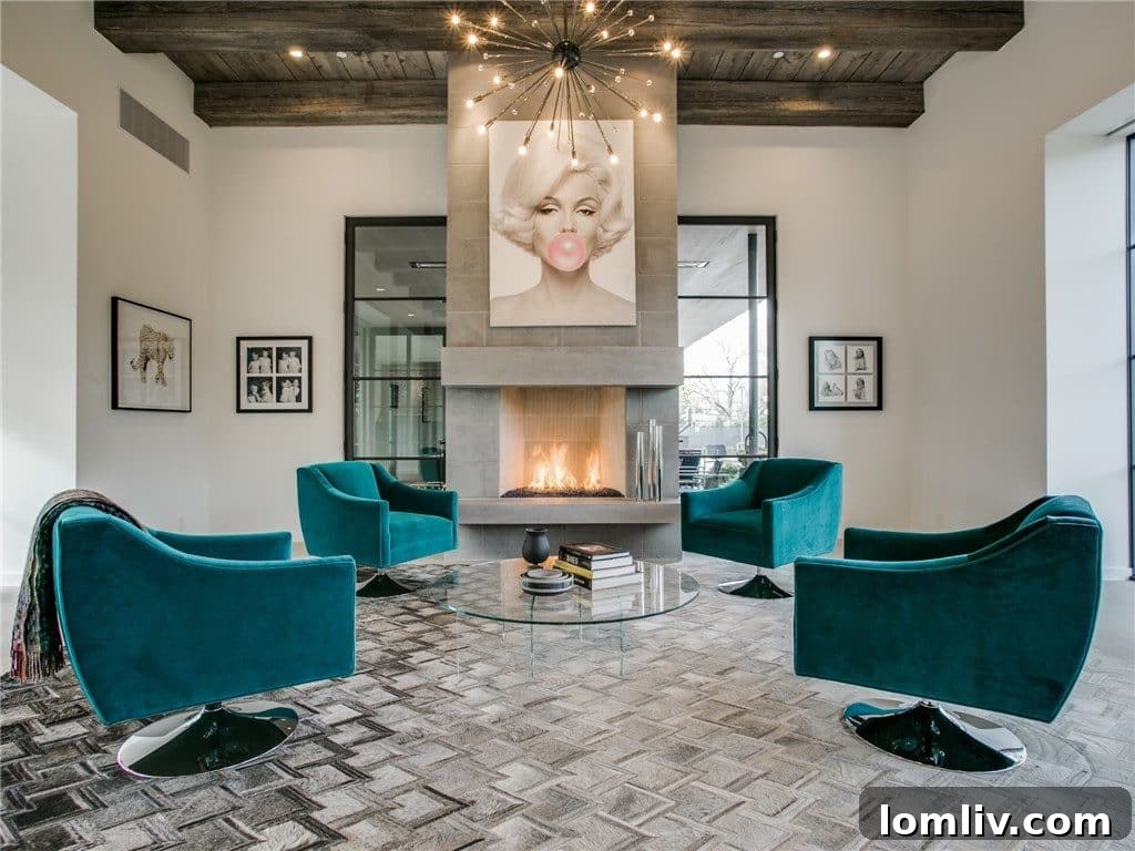 Grand entrance or living area of the Texas Modern home with high ceilings and expansive windows.