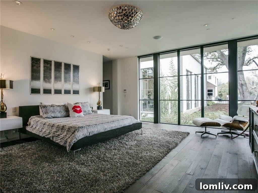Stylish bedroom with large windows overlooking the lush backyard.