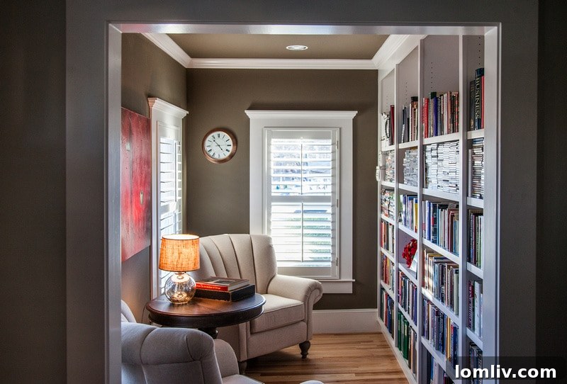 The historic study in Kelly and Tom Hoffmann's home, featuring original shiplap and windows.