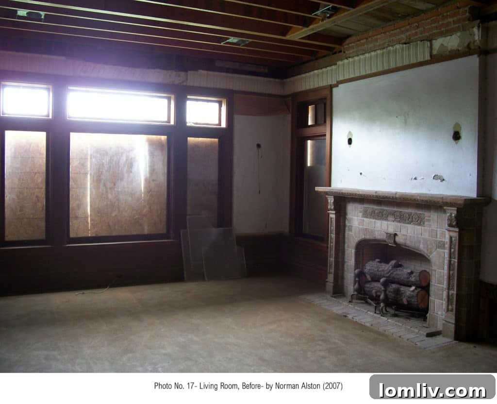 Before restoration: The living room of the Parks Estate, showing signs of neglect.
