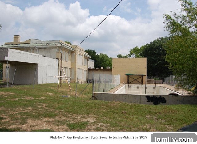 Before restoration: Side and back view of the Parks Estate showing the impact of the YMCA conversion.