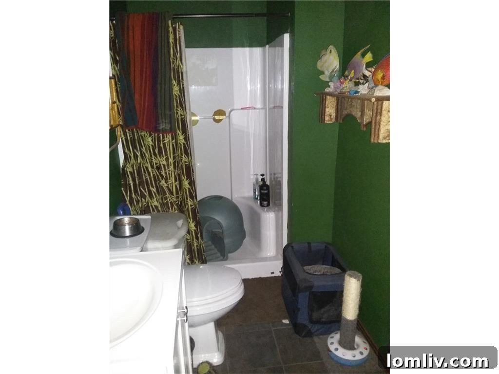 Bathroom with a visible cat litter box, emphasizing the need for depersonalization and cleaning