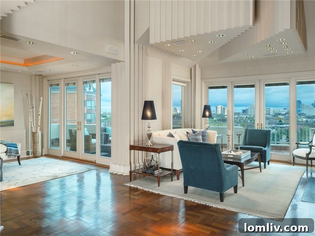 Architecturally distinctive living room with zig-zag ceiling design and large windows offering city views.