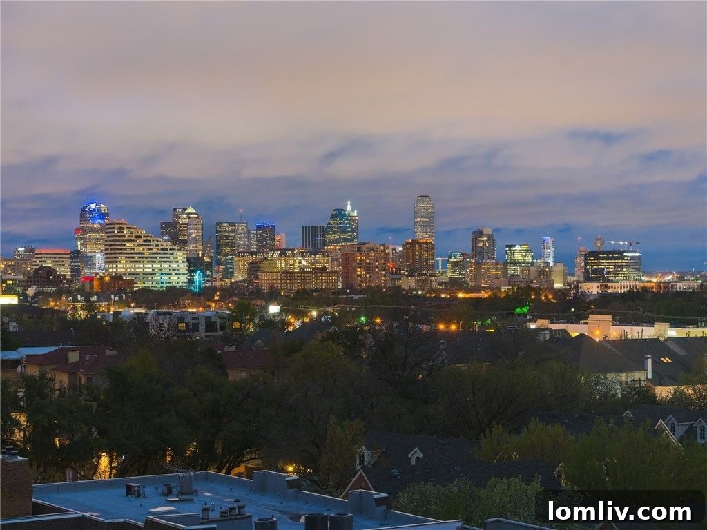 Expansive patio view of the vibrant downtown Dallas skyline, highlighting the home's premier location.