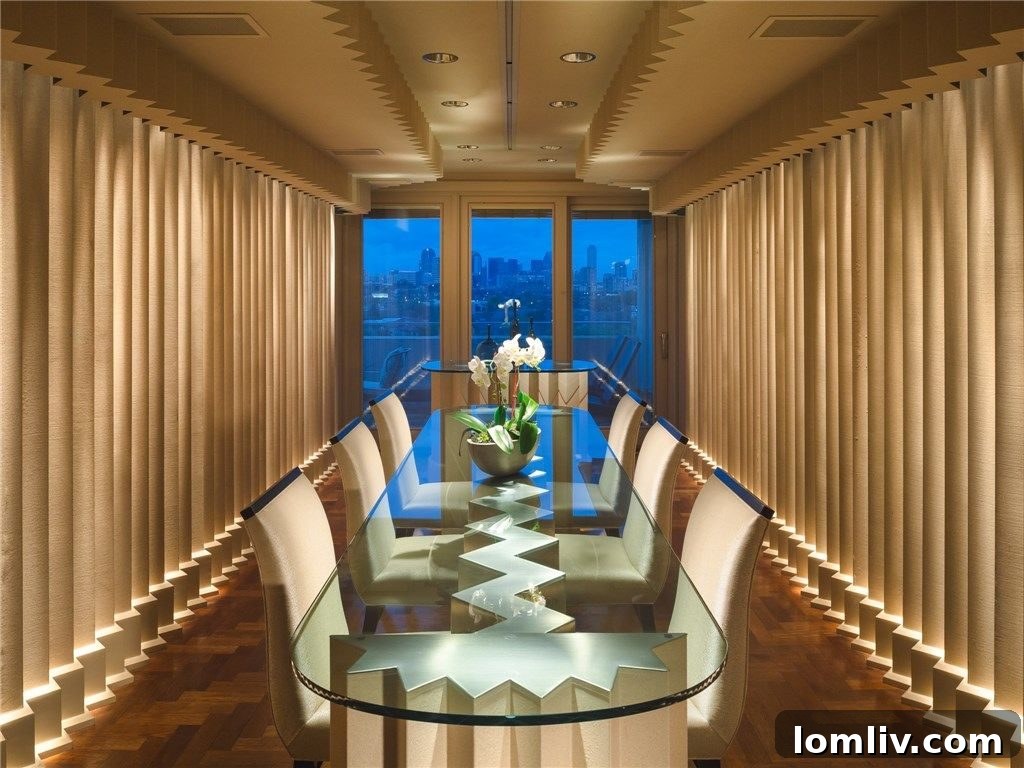 Luxurious dining room with original furnishings, elegant lighting, and city views.