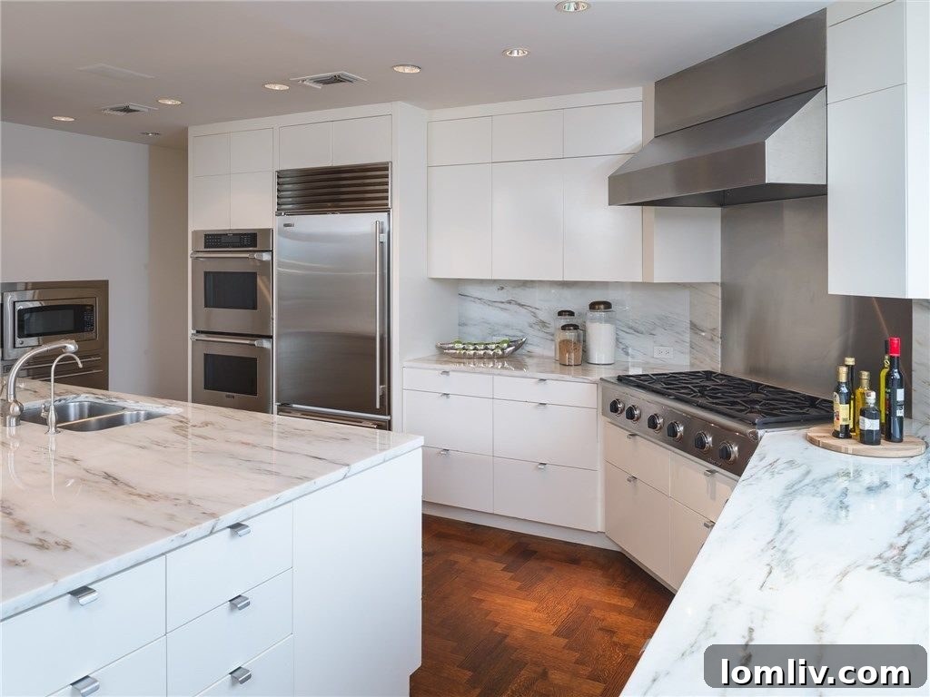Modern, updated kitchen with high-end stainless steel appliances, a large island, and ample storage.