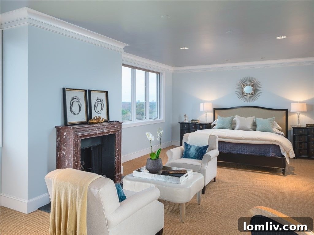 Elegant master bedroom with a fireplace, classical moldings, and soft, inviting decor.