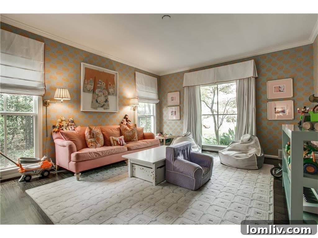 Greenway Parks Reimagined: A Designer's Modern Traditional Vision 19 Playroom with Katie Ridder Peony Wallpaper