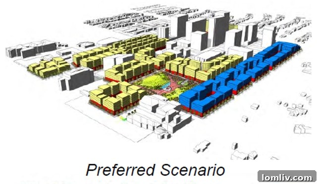 Preston Center’s distant future? (Yellow = residential; blue = office; red = retail/restaurant)