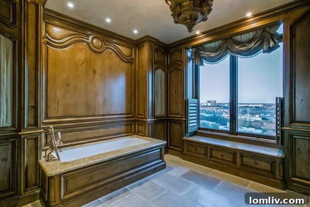 The master bathroom at 3505 Turtle Creek, Unit 14A, featuring paneled bathtub and half-shutters with large format stone tile.