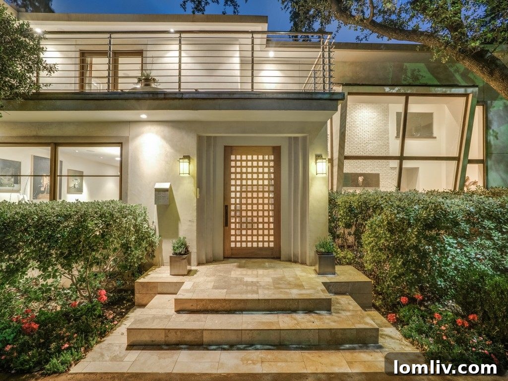 Exterior view of 5539 Montrose Drive, showing the unique architectural facade and lush landscaping