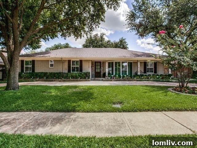 Elegant ranch-style home in Dallas's prestigious 75230 zip code with manicured front lawn.
