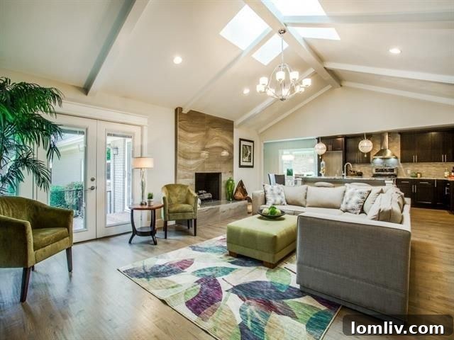 Luxurious living room featuring new hardwood floors, vaulted ceilings with beams, and a chic stone fireplace.