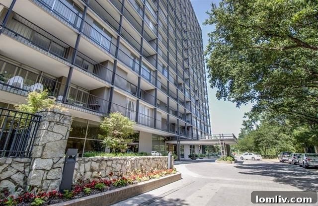 Modern living room of an Uptown Dallas high-rise condo, featuring an open layout and bright natural light.