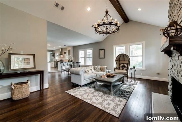 Renovated M-Streets Tudor interior, showcasing newly refinished hardwood floors and an open concept living area.