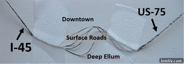Conceptual graphic showing how traffic disperses onto surface streets after a partial highway removal, illustrating congestion before rejoining the main route.