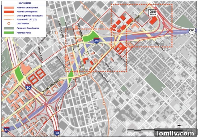 Conceptual graphic illustrating the burying and covering of I-45, suggesting a more integrated urban design.