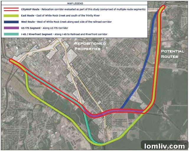 Map illustrating the proposed relocation of I-30 to a far south Dallas corridor.