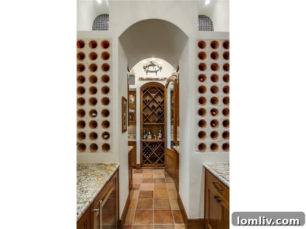 Elegant Stucco Wine Room with Terra-Cotta Bottle Storage