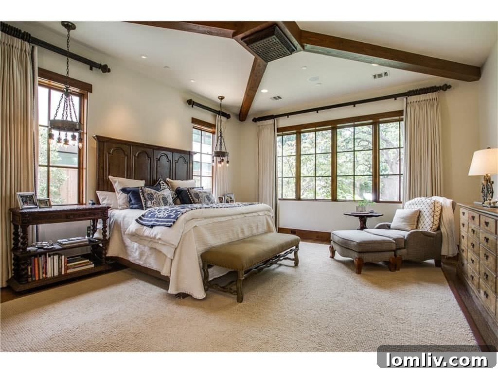 Luxurious Master Bedroom with Beamed and Vaulted Ceilings